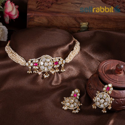 Sellrabbit Choker Kundan Moti Set With a pair of earrings. SKU-MP-10037