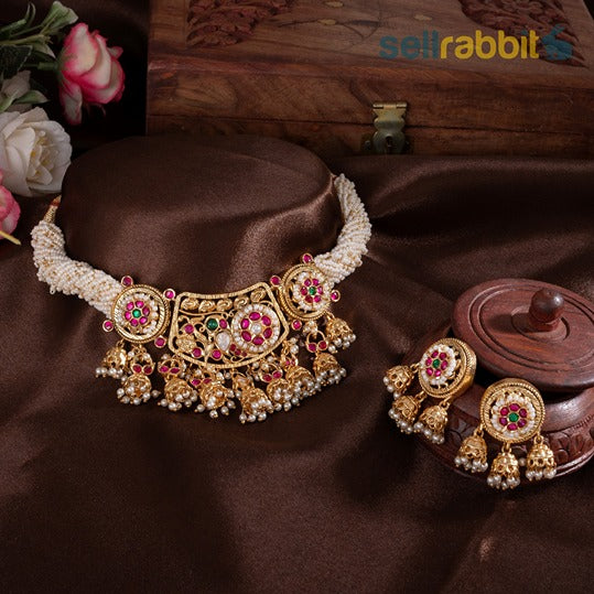 Sellrabbit Moti Gold Choker Set With a pair of earrings. SKU-MP-10038