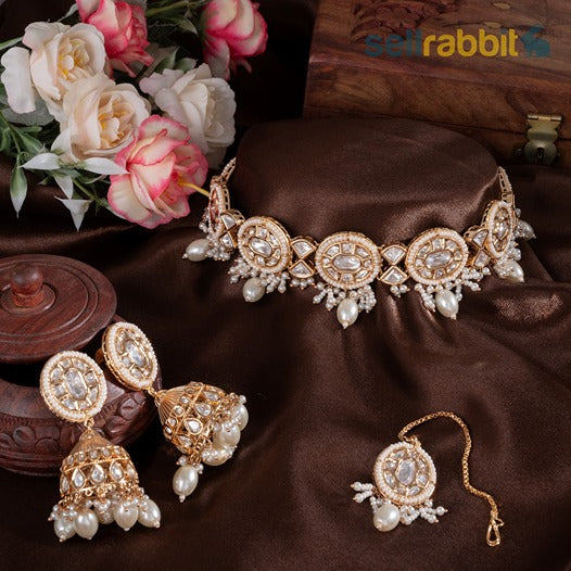 Sellrabbit Kundan Moti Choker Set with Maang Tika and earrings. SKU-KS-10043